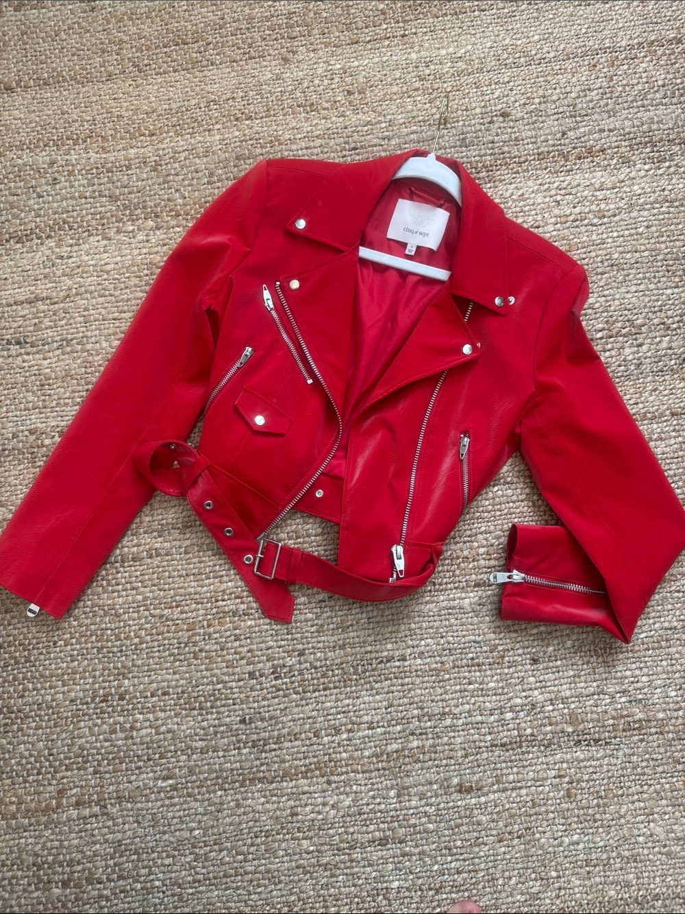 cinq a sept Red Leather Moto Jacket